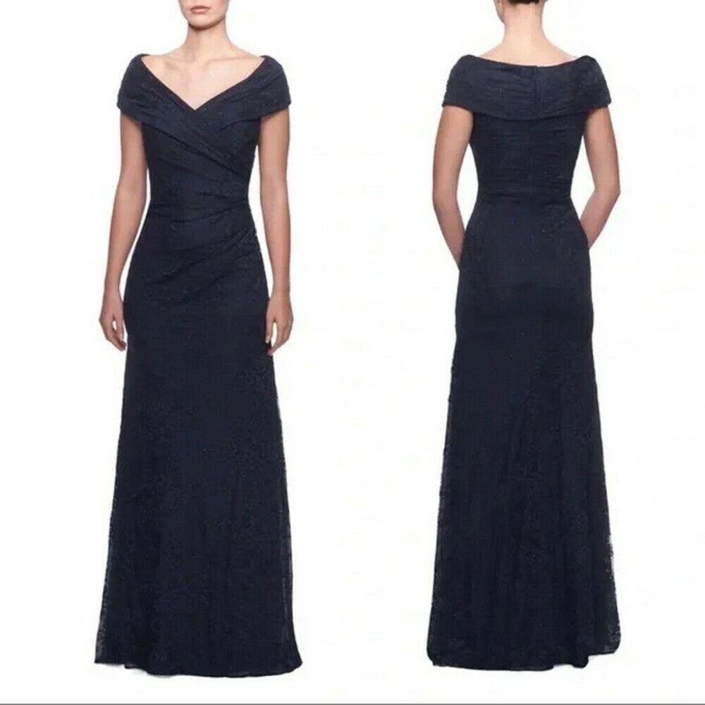 La Femme Navy Blue Off the Shoulder Ruched Lace Trumpet Gown